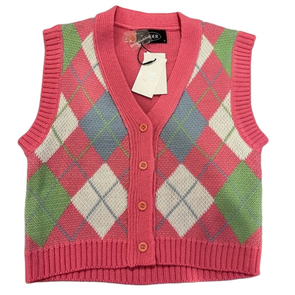 BNWT Bubblegum Pink Button Front Argyle Vest